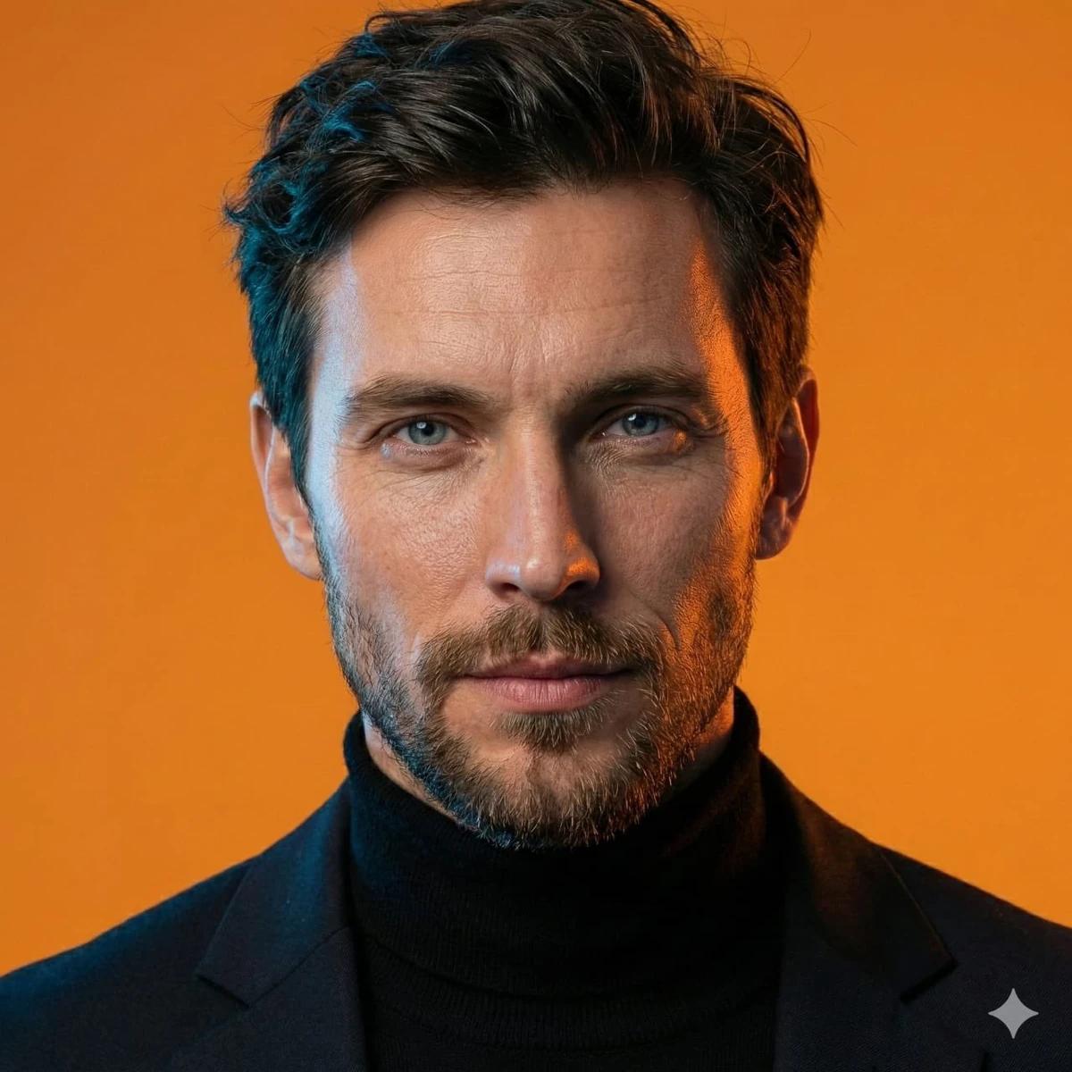 A cinematic close-up editorial portrait of a slim young adult man with di...