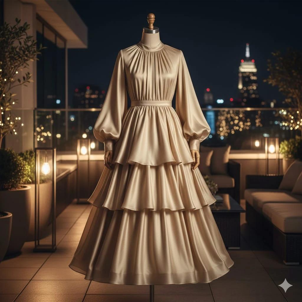 A modern, elegant dress on a mannequin, featuring soft silk layers, a mod...