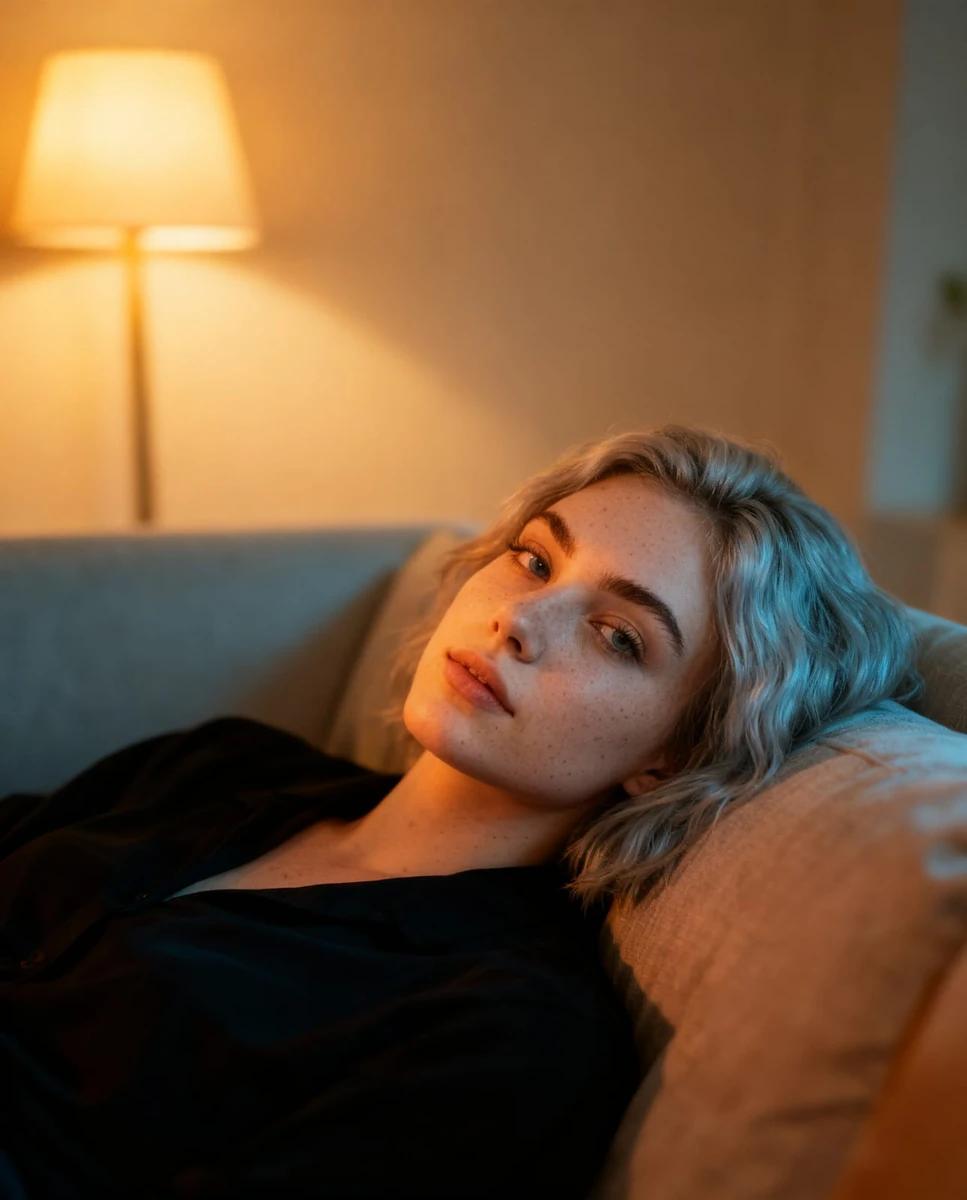 Edit the image so the same woman is lying comfortably on a soft couch, tu...