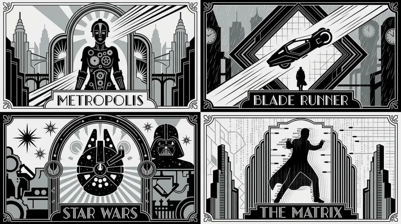 2x2 grid, 16:9, do this for 4 famous scifi movies: {instructions: A = { s...
