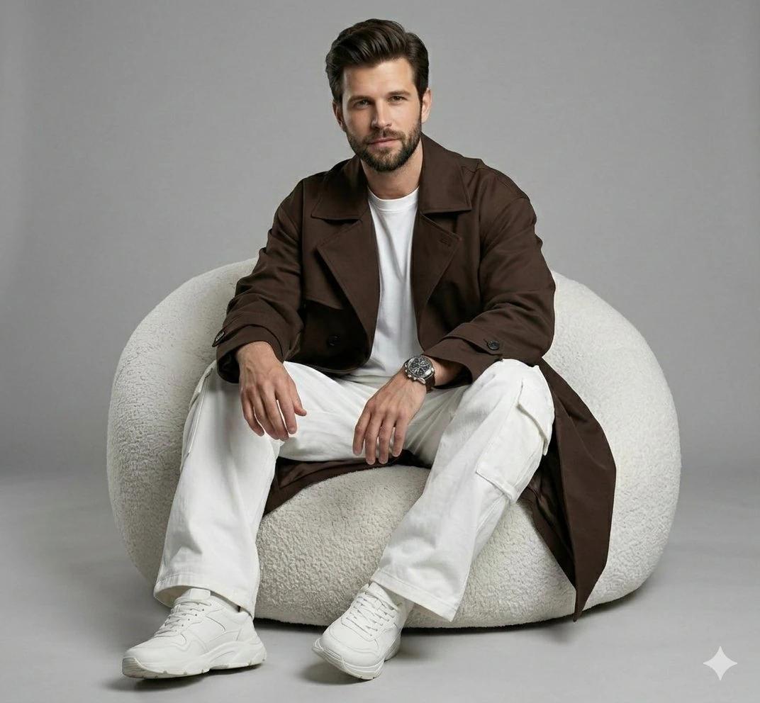 Hyper-realistic cinematic fashion photoshoot of a young man. He has a ref...