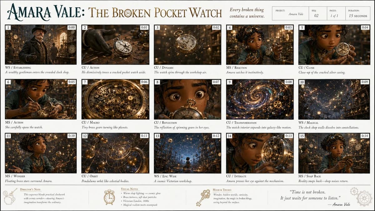 15-second animated storyboard sheet, “Amara Vale: The Broken Pocket Watch...