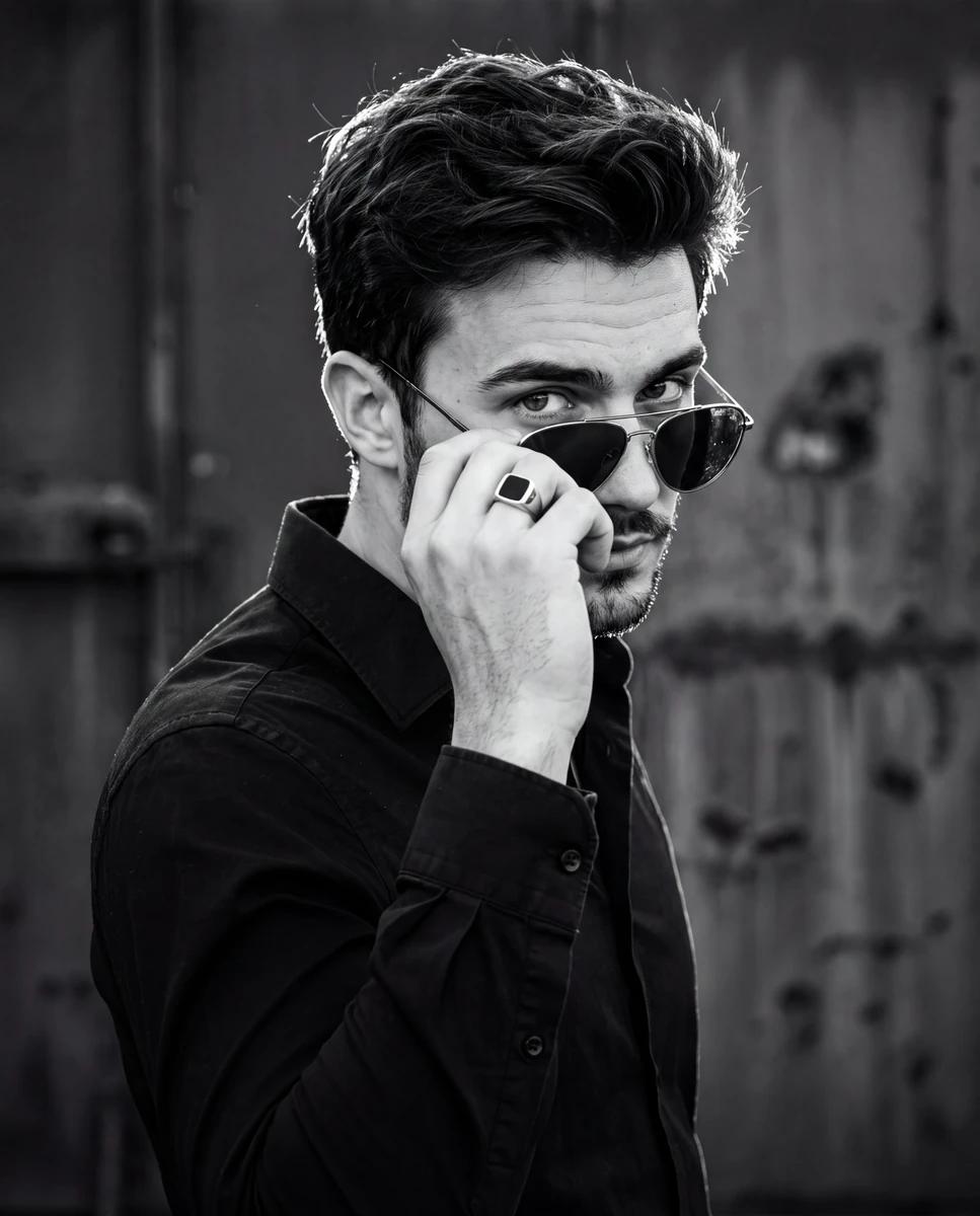 A cinematic high-contrast black-and-white portrait captured in a 4:5 vert...
