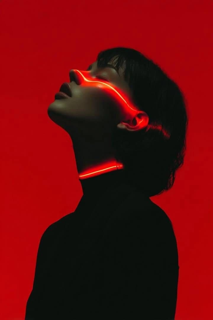 Ultra-stylized cinematic portrait of a person in side profile, head tilte...