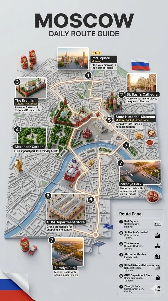 Hyper-realistic 3D infographic poster of a one-day tourist route, created...
