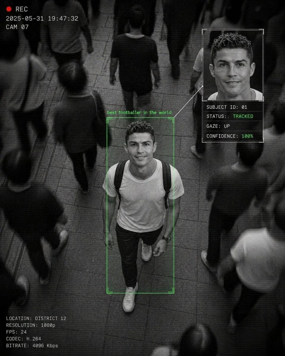 A CCTV-style surveillance footage of a crowded street scene from a high a...