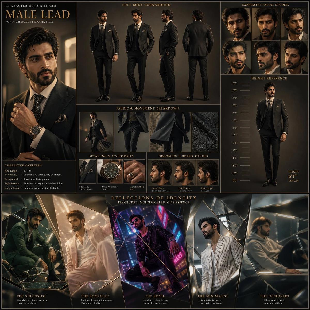 A handsome male lead with a sharp jawline, well-groomed stylish beard, de...
