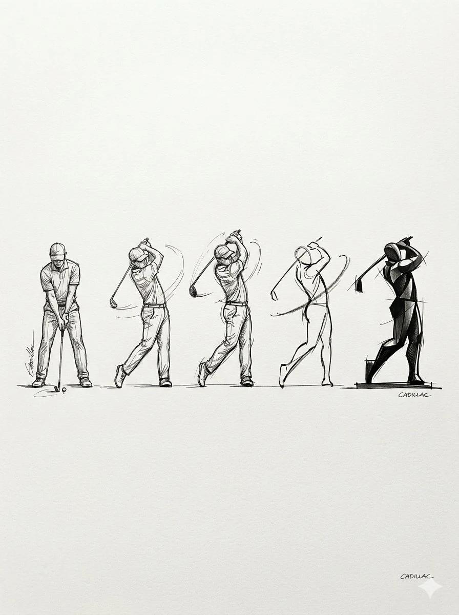 A series of five progressive golf swing sketches arranged horizontally fr...