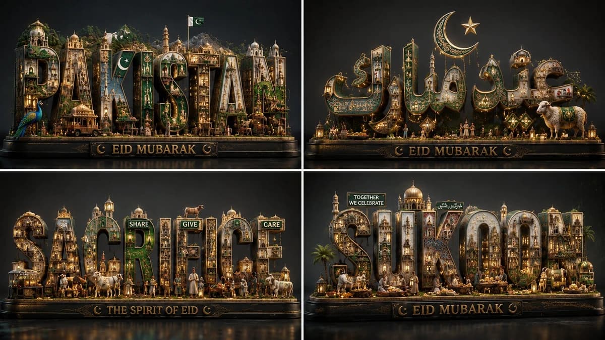below 👇 2x2 grid of ultra detailed cinematic 3D typography sculptures. R...