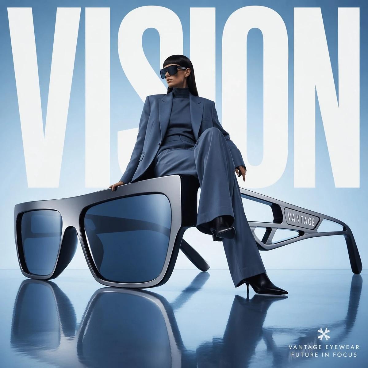 Avant-garde fashion advertisement, oversized futuristic sunglasses positi...