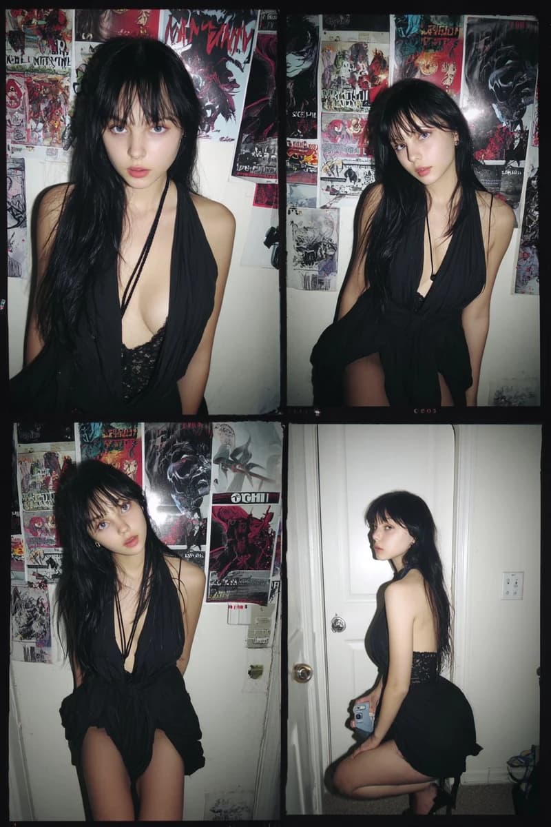 A 4 panel photo collage of a slender woman in her 20s, shot in a casual a...