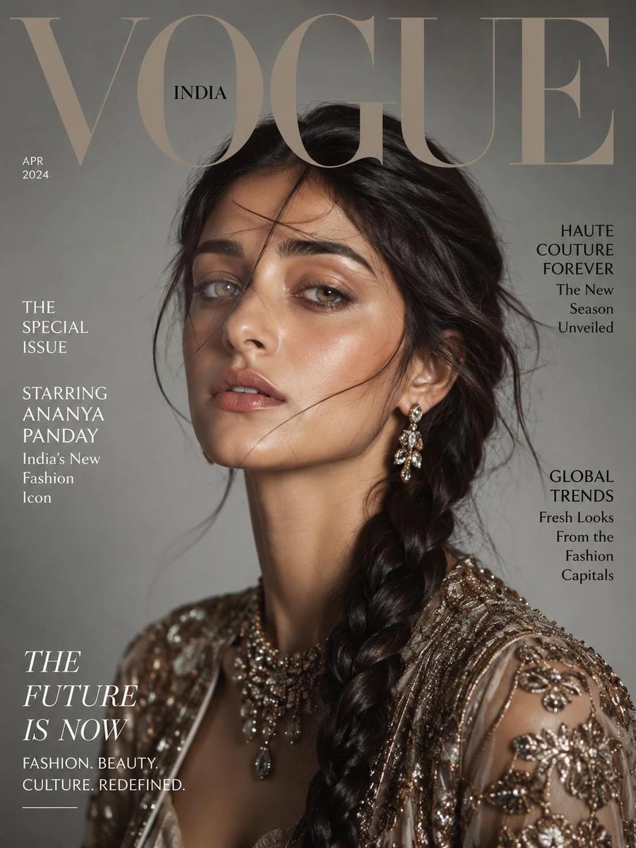 Ultra-realistic Vogue magazine cover portrait of a beautiful young woman...