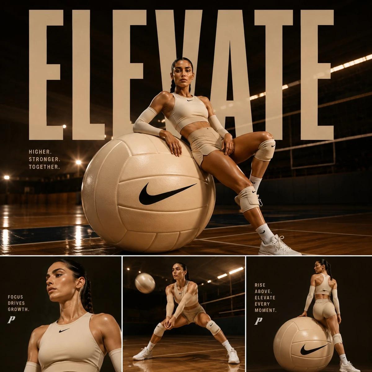 Luxury volleyball sports editorial poster in a three-panel magazine layou...