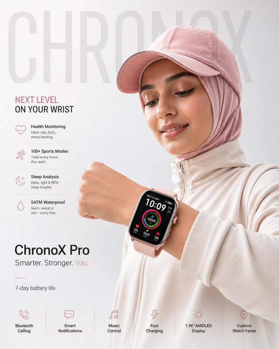 High-end minimalist product poster for “ChronoX Pro” smartwatch.