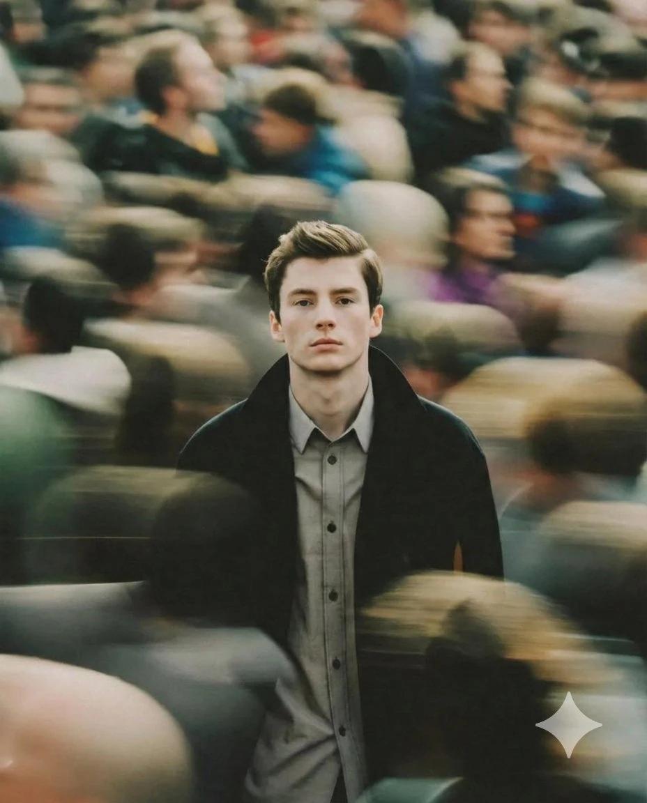 A cinematic portrait of a young man standing still in the middle of a bus...