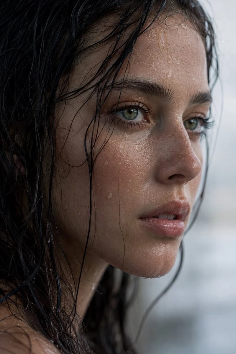 Extreme wet close-up portrait of a young woman in side profile. Dark, rai...