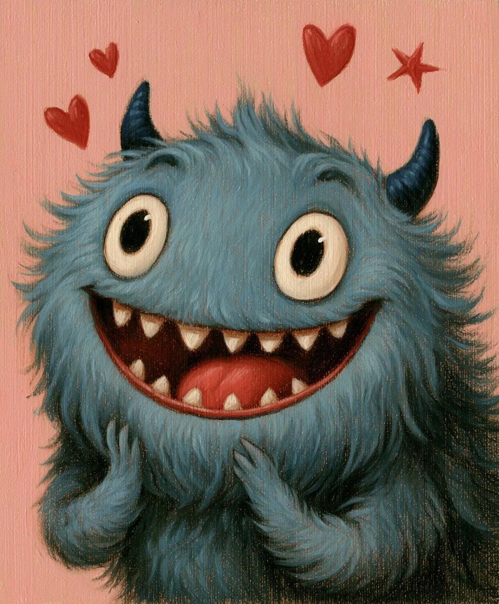 A close-up, medium shot captures a fluffy, blue, cartoon monster with a w...