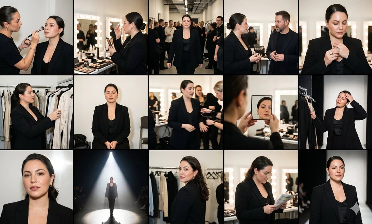 Ultra-photorealistic editorial collage arranged as a 5x3 backstage fashio...
