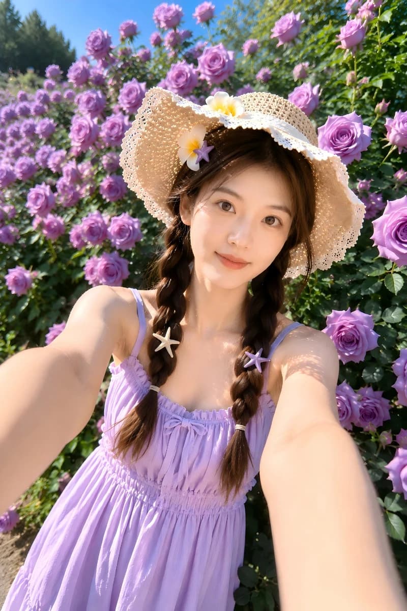 A summer garden selfie surrounded by purple roses🌸