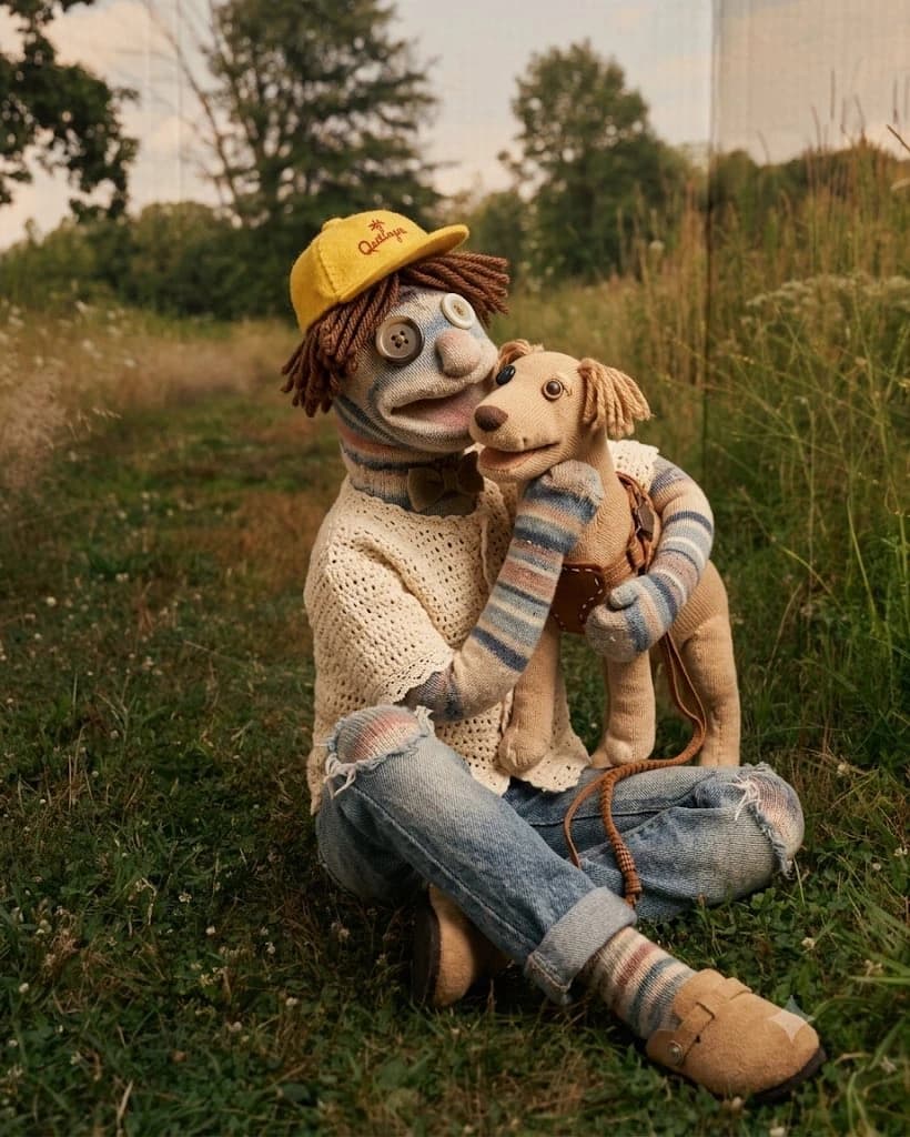 Recreate the uploaded photo with a scene with handmade sock dolls. Keep t...