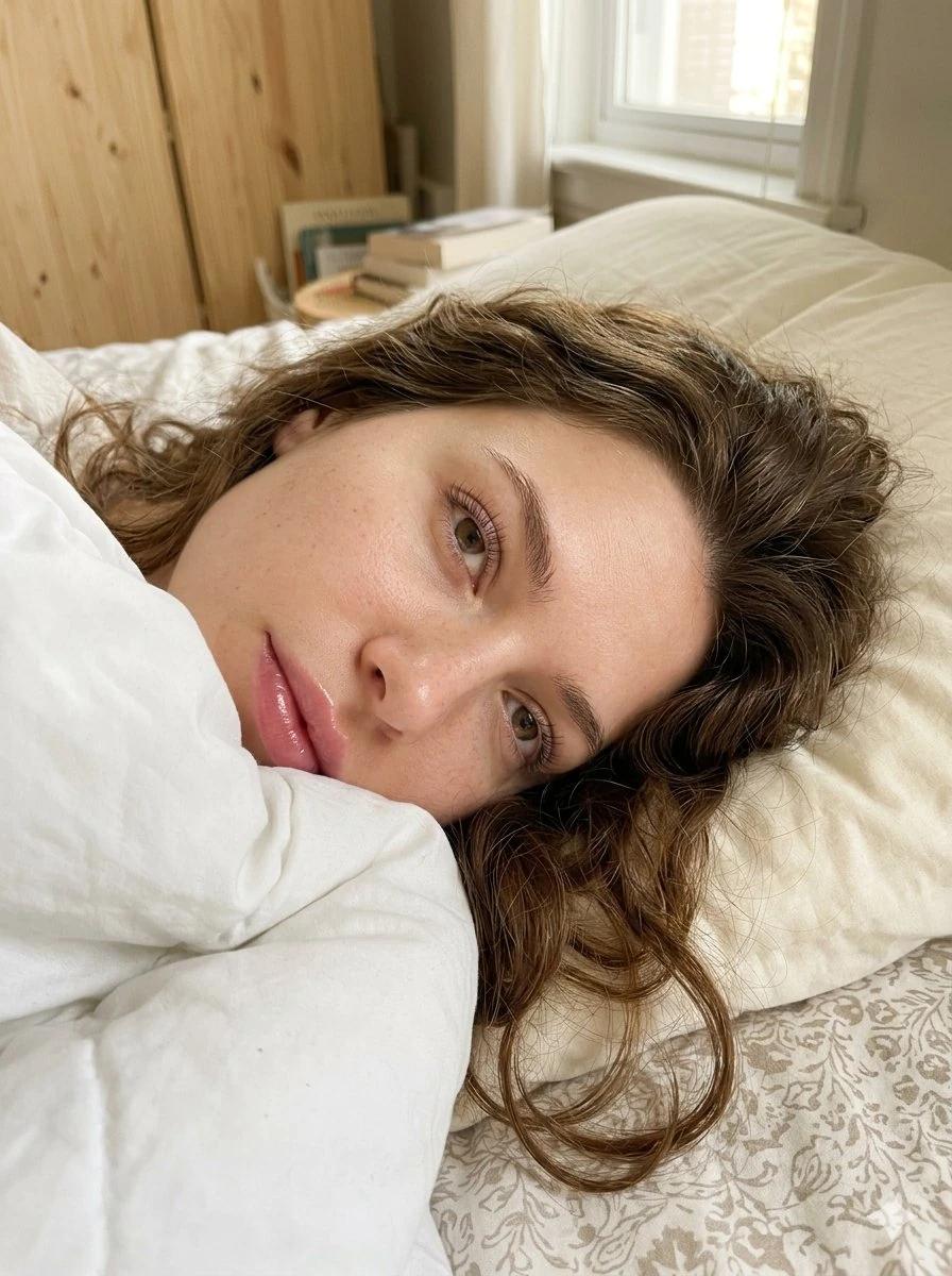 Ultra-realistic close-up smartphone selfie of a stunning young woman lyin...