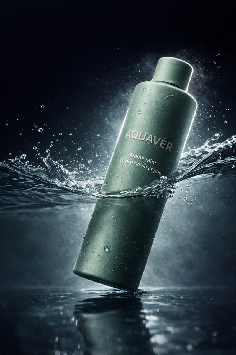 Ultra-realistic luxury shampoo bottle (matte green, minimal branding) spl...