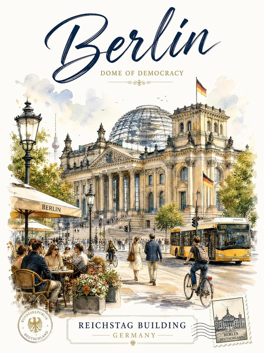 Minimalist vintage watercolor travel poster illustration of the Reichstag...