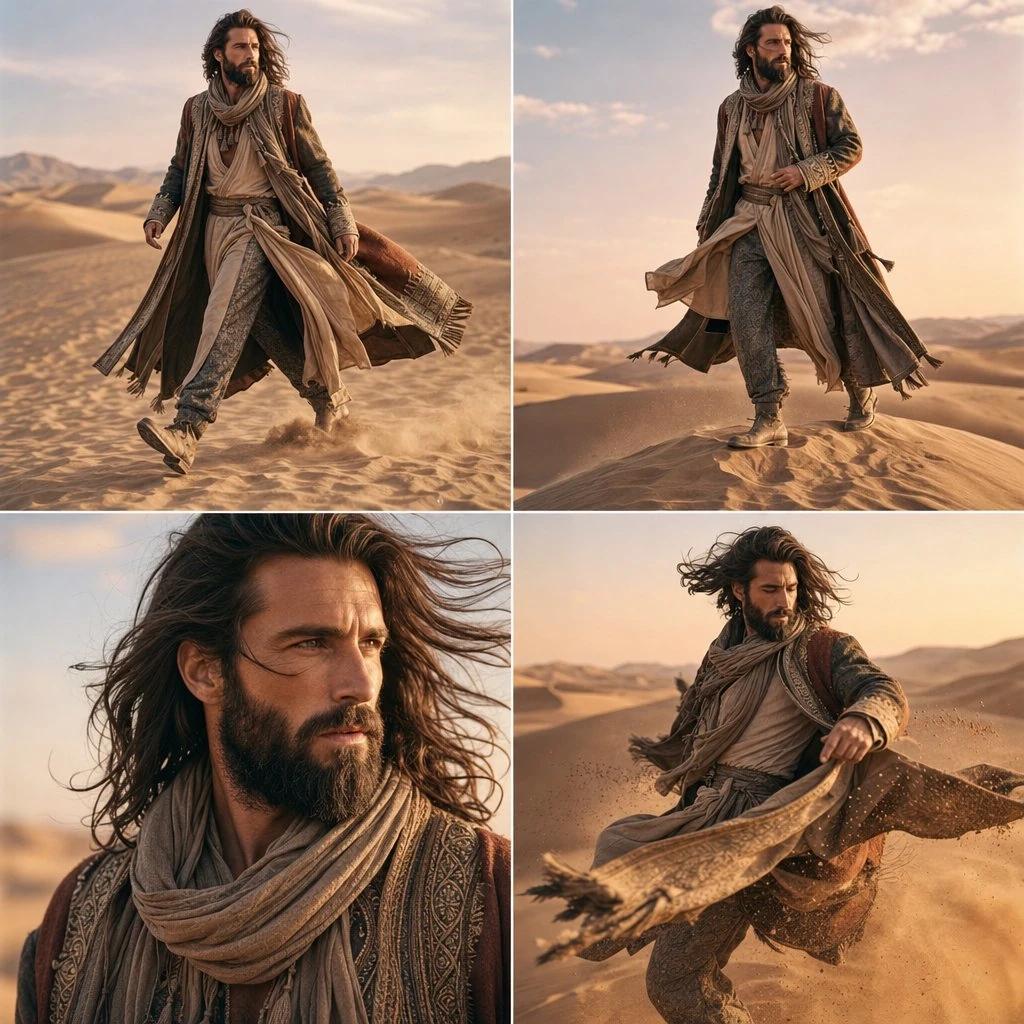 Use reference image. A high-fashion cinematic desert editorial shoot in V...