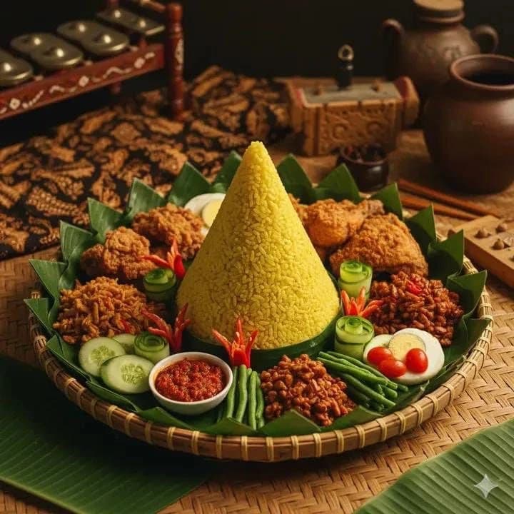 Authentic Indonesian food photography of Nasi Tumpeng — cone-shaped yello...
