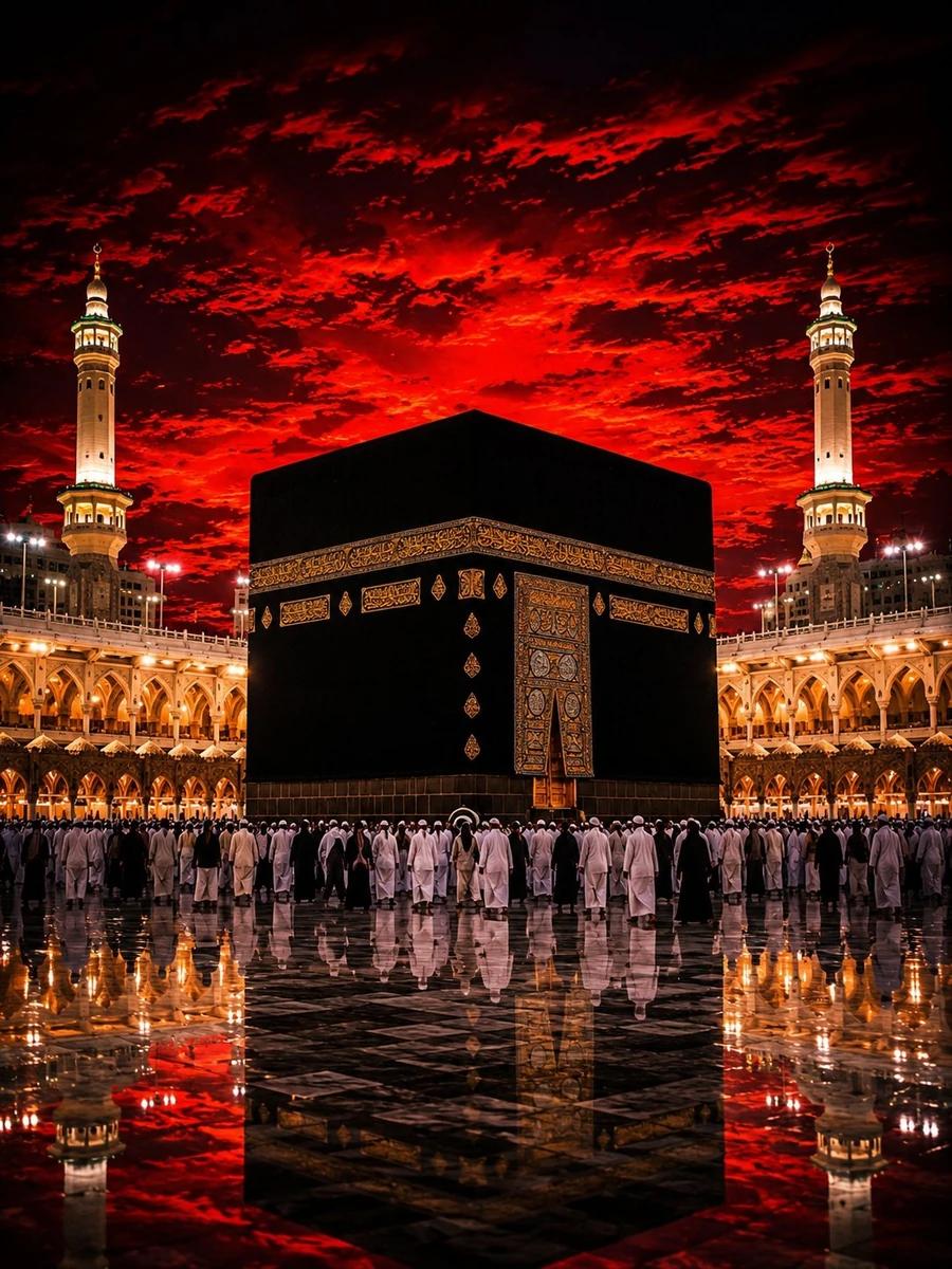 A breathtaking cinematic photograph of the Kaaba at Masjid al-Haram in Me...