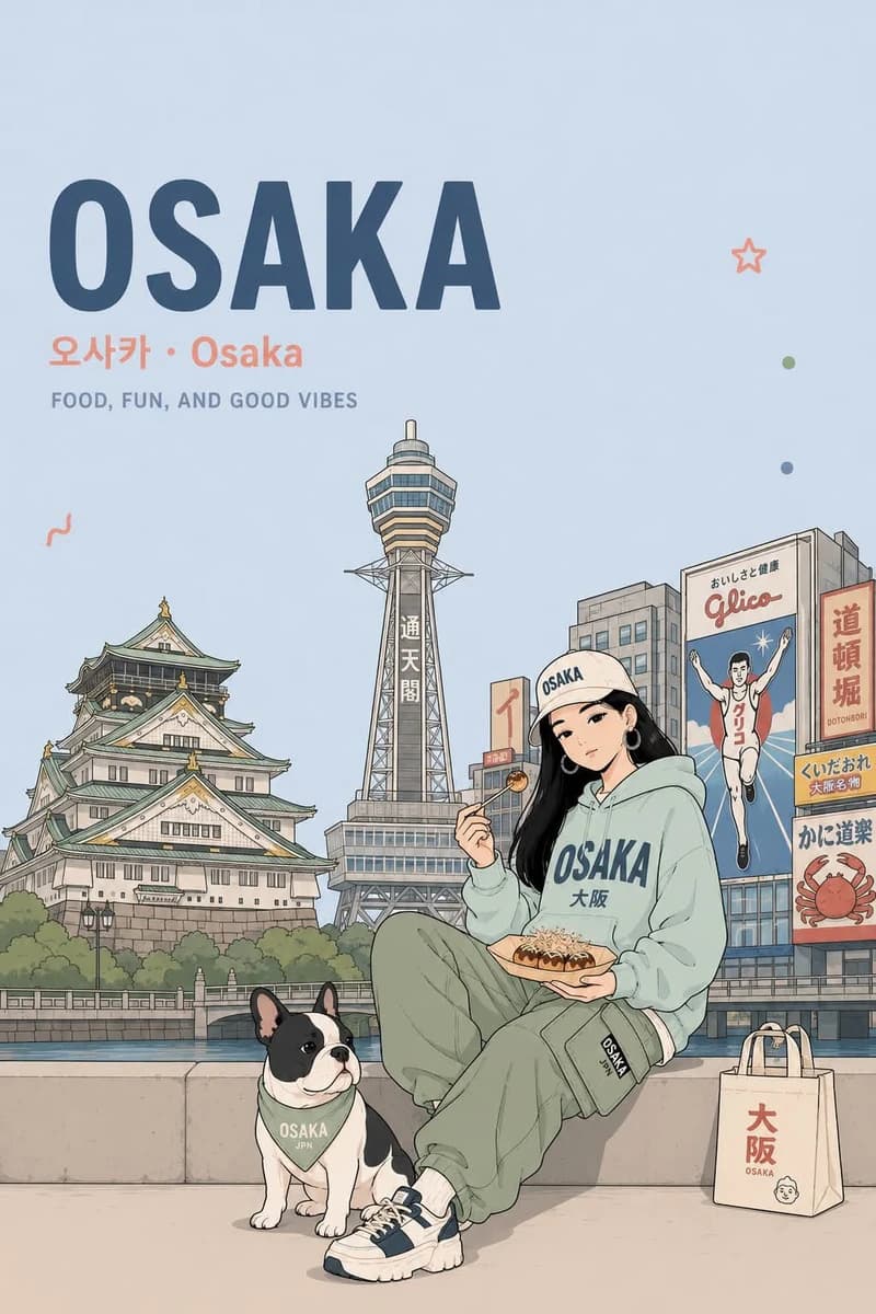 Anime travel poster illustration in a clean pastel aesthetic, portrait or...