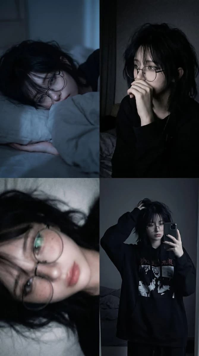 A 2x2 photo collage of the same young person in a dimly lit bedroom at ni...