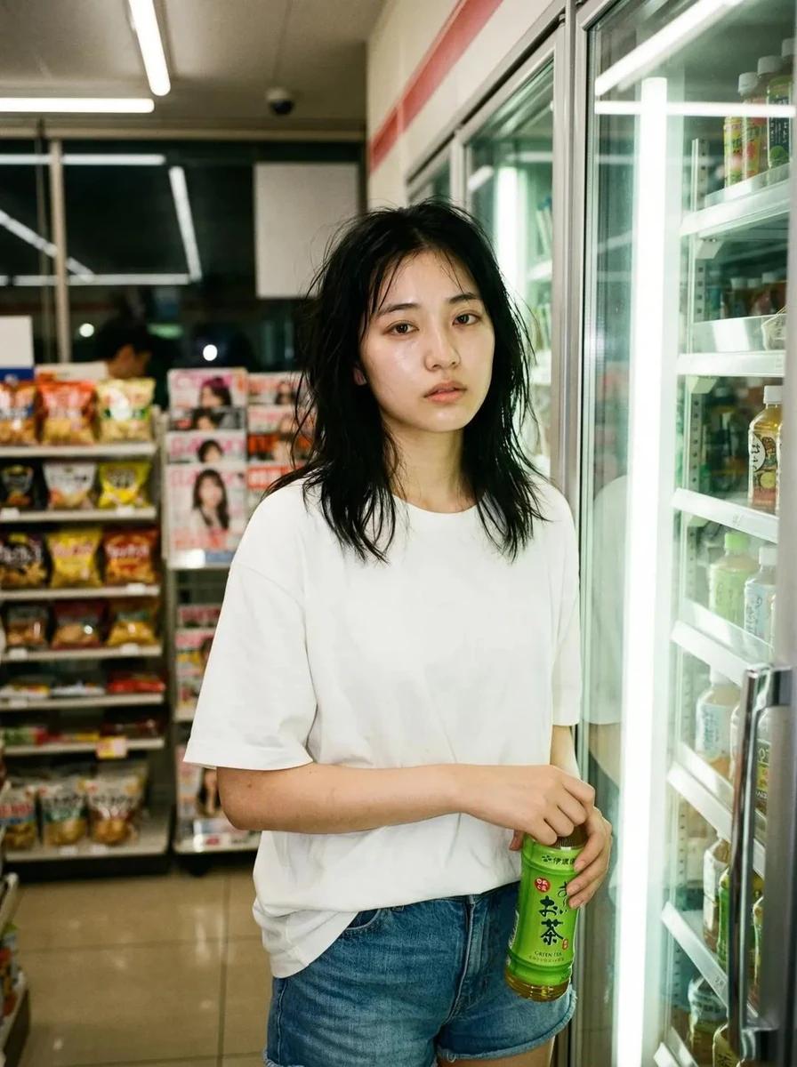 A candid, cinematic photo of a young woman standing inside a brightly lit...
