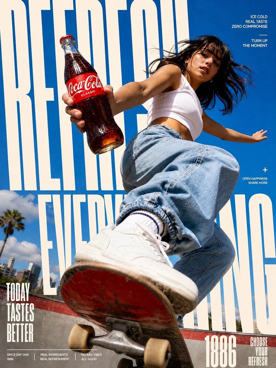 scene": "High-energy commercial fashion advertisement at an outdoor skate...