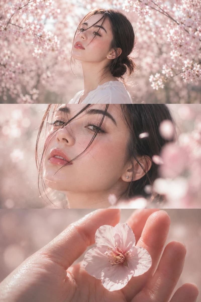 Triptych editorial portrait of a young woman among blooming cherry blosso...