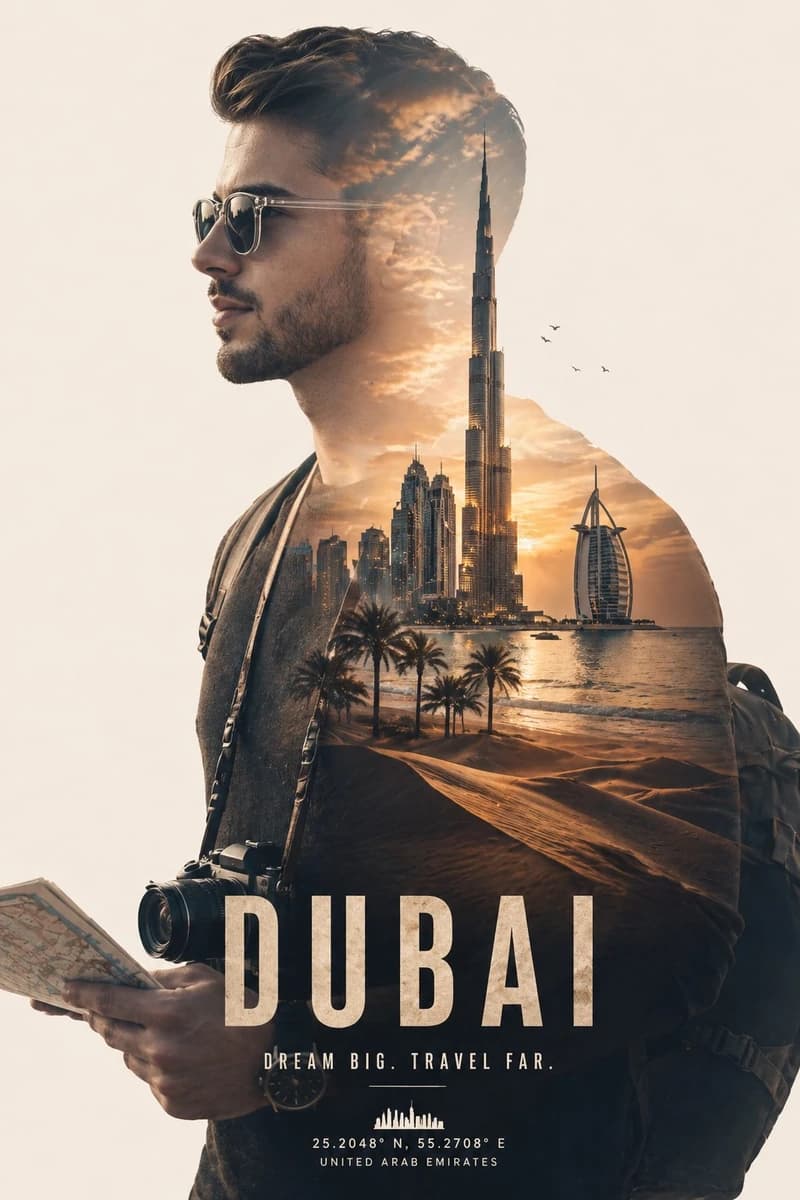 A cinematic double exposure portrait of a young male traveler in side pro...