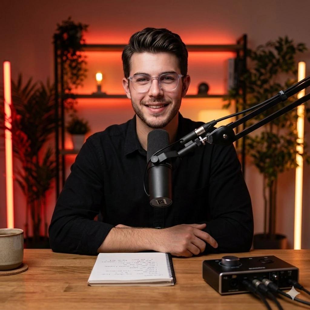 A professional podcast host sitting at a wooden desk in a modern studio s...