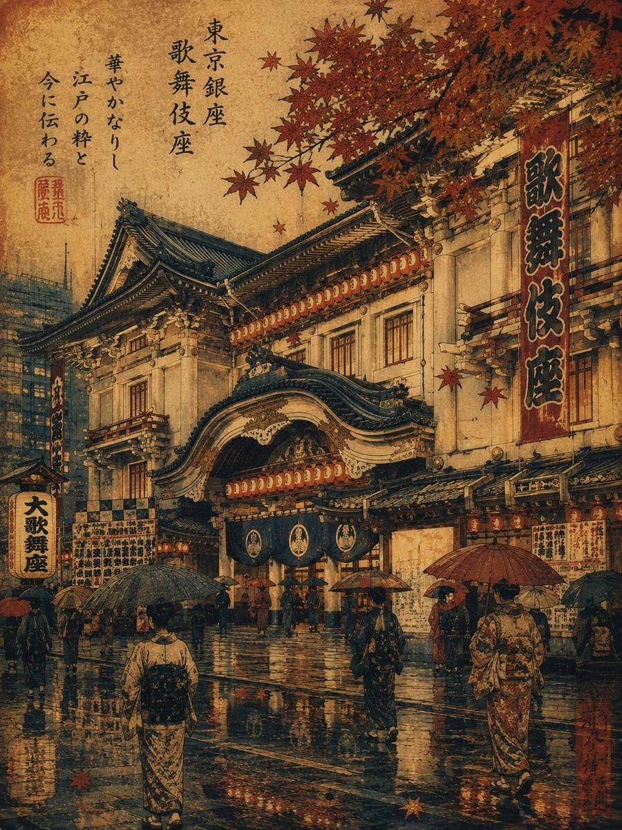 A vintage Japanese ukiyo-e inspired travel poster illustration of Tokyo D...
