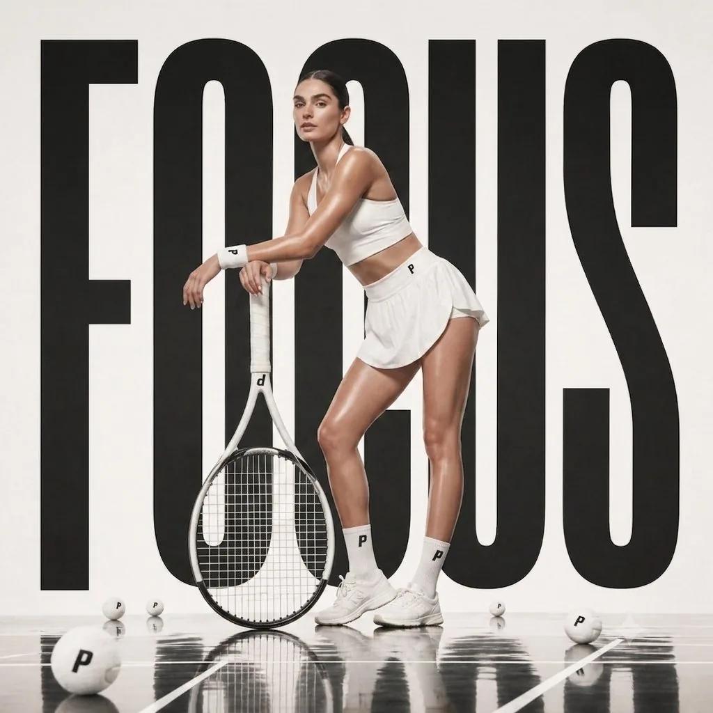 A clean high-fashion sports editorial featuring a confident female tennis...