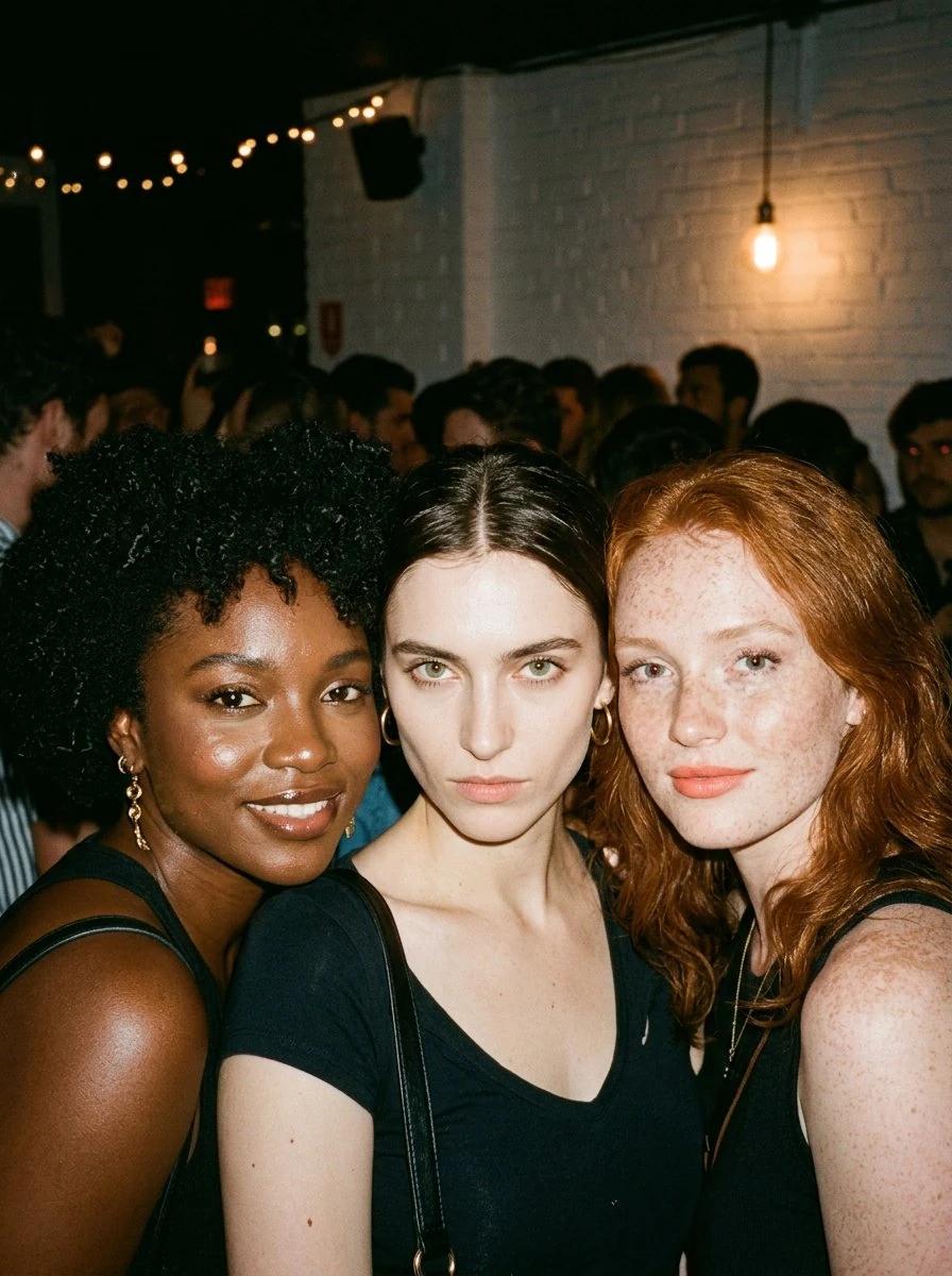 Three attractive young women posing closely together at a dimly lit night...