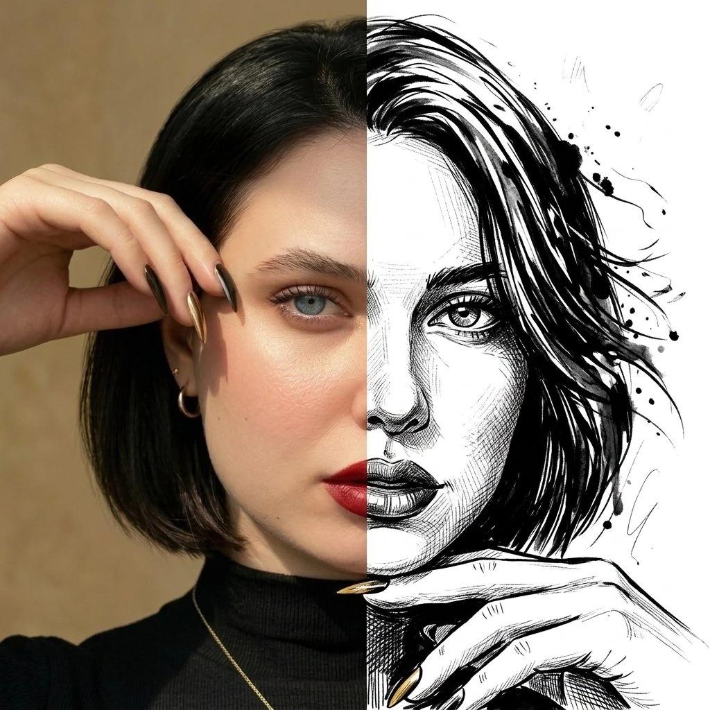 A split-face dual-style portrait using the uploaded photo. The left half...