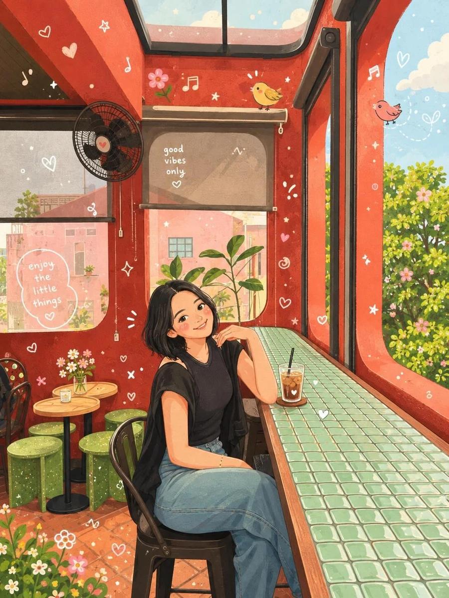 Transform the uploaded photo into a cozy whimsical storybook illustration...