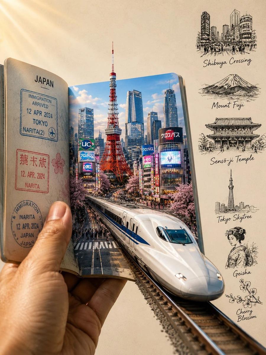 Ultra-realistic, cinematic travel-themed conceptual artwork of Japan in a...