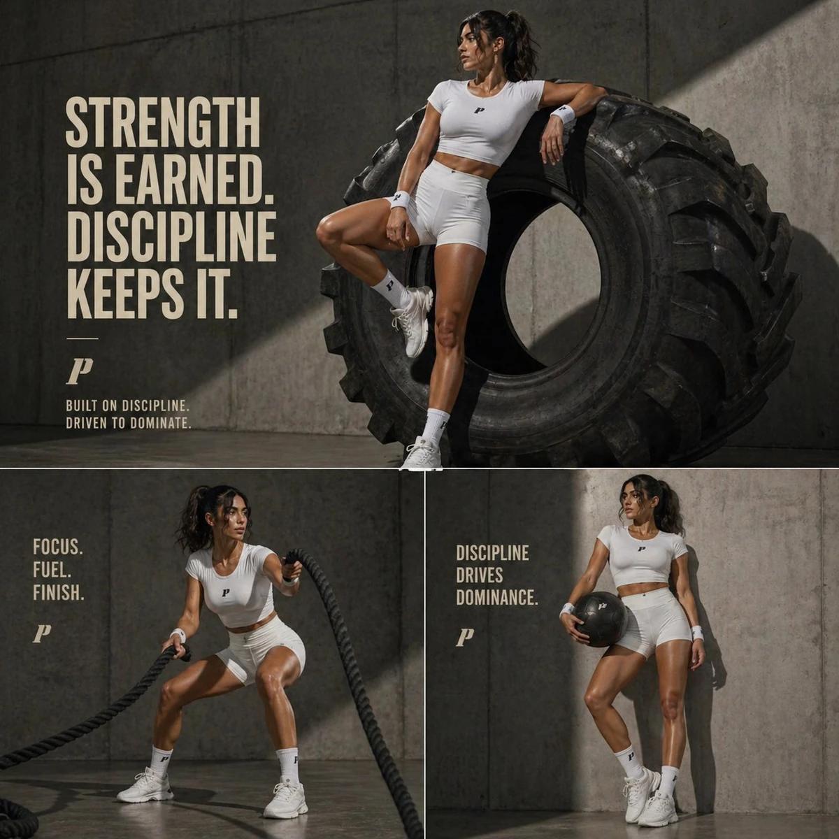 Cinematic luxury fitness editorial, industrial concrete gym setting with...