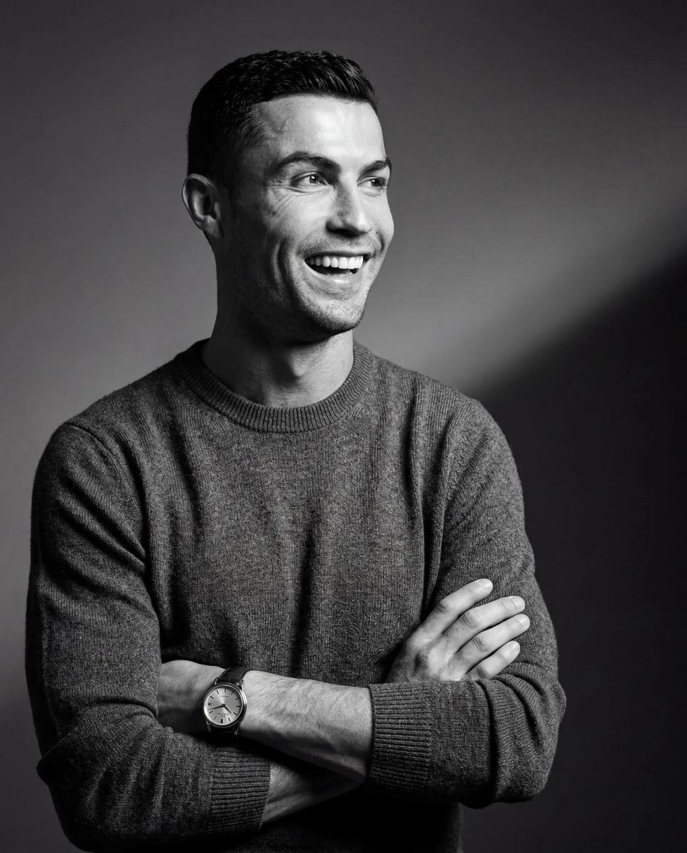 Ultra-realistic monochrome editorial portrait of a world-class football l...