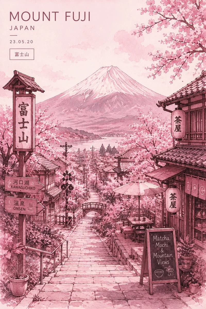 Minimalist ultra-detailed travel poster illustration of Mount Fuji, Japan...