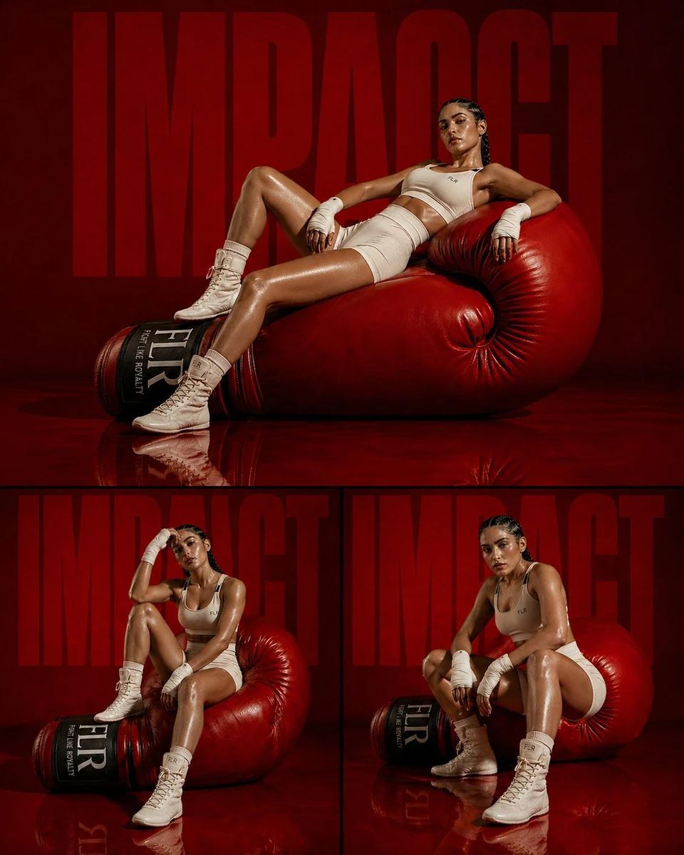 High-fashion athletic editorial triptych, three-panel collage composition...