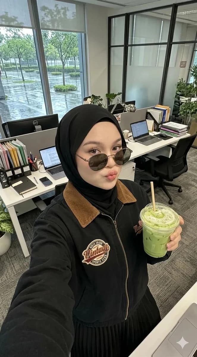 A high-angle selfie of a young woman wearing a black hijab, posing casual...