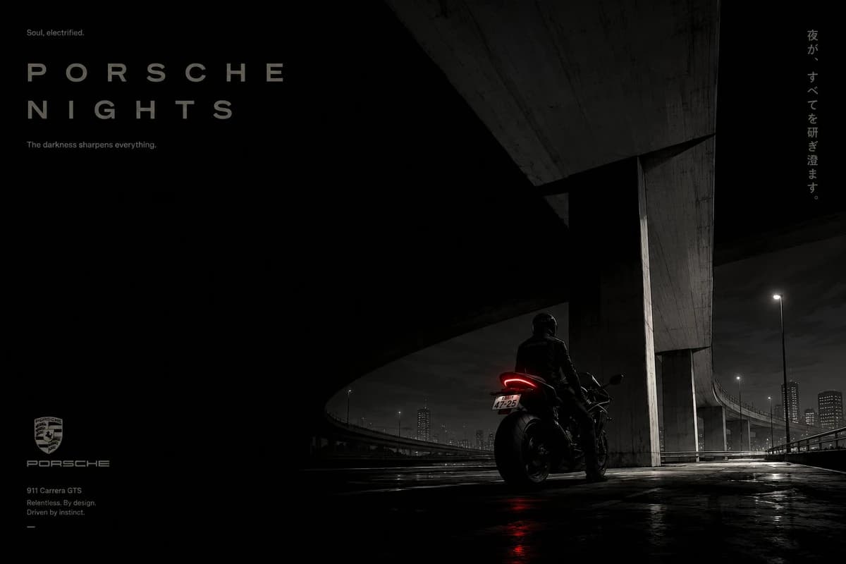 A motorcycle waits beneath a highway overpass.Shot as if a manga cover ar...