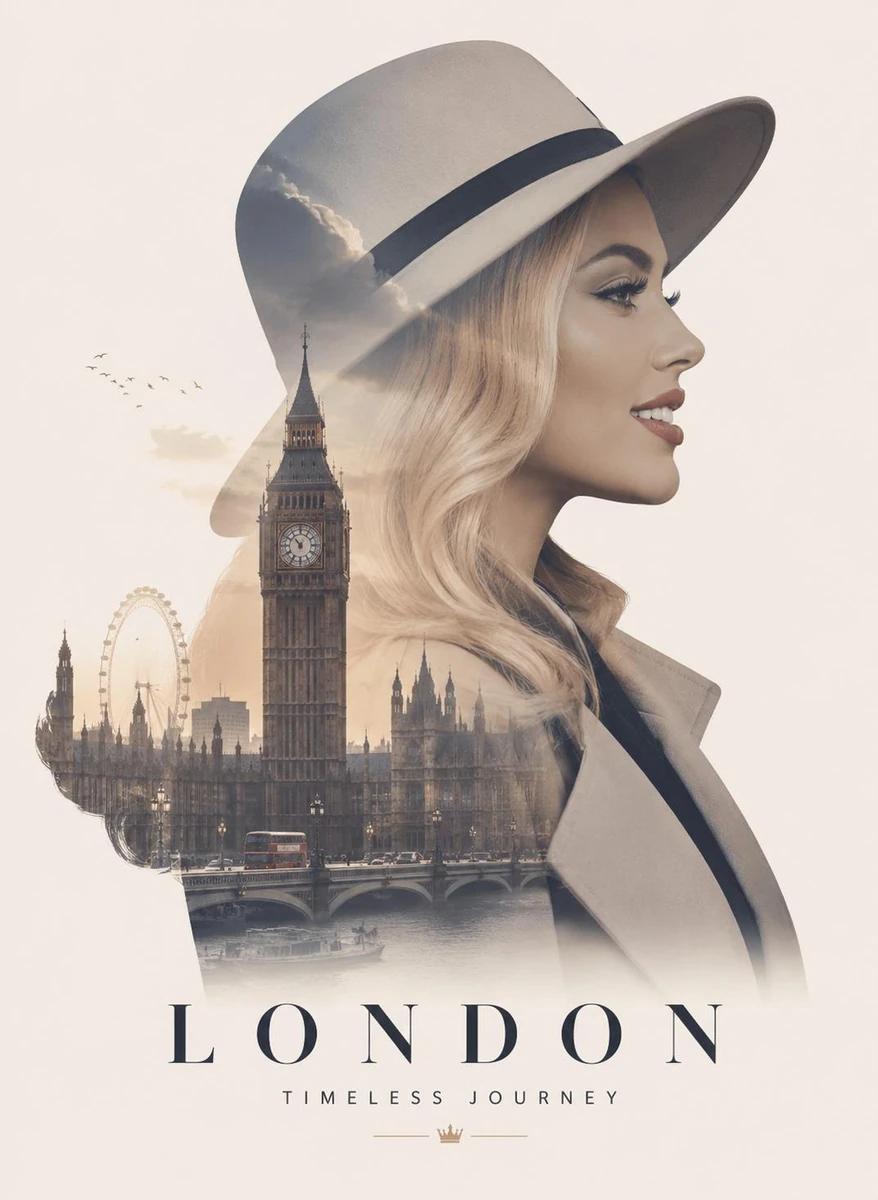 Ultra-premium double exposure travel poster, elegant side-profile portrai...